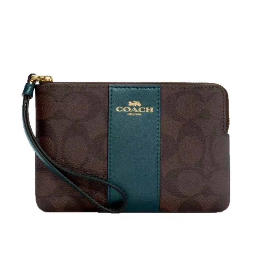 Coach Corner Zip Wristlet Wallet Brown / Metallic Ivy Green Canvas Leather